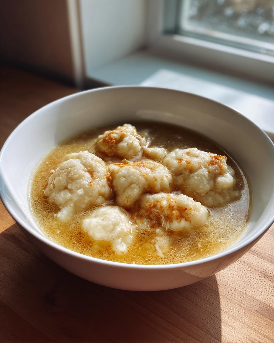 A white bowl filled with savory broth, fluffy dumplings, and sprinkled with paprika, representing Chicken And Dumplings.
