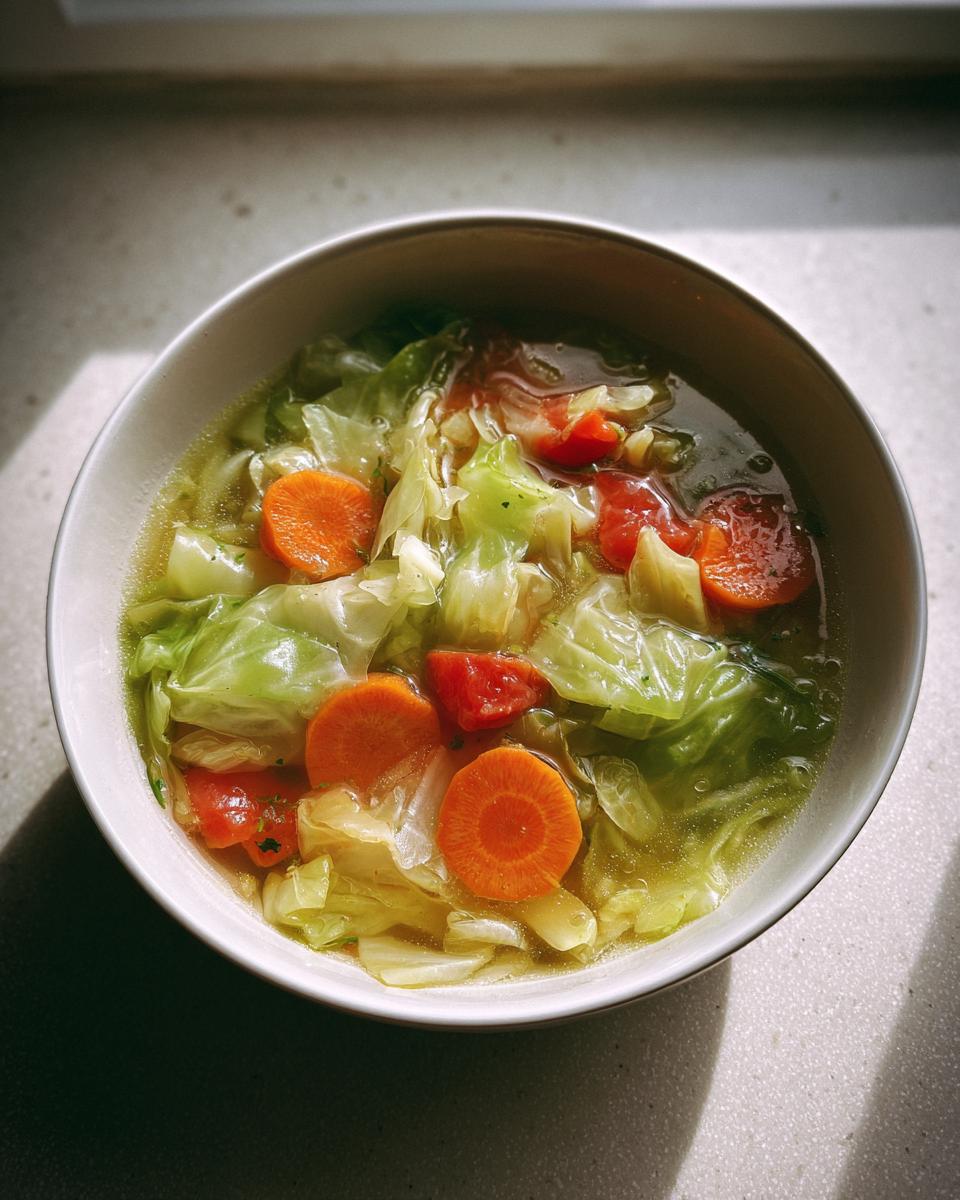 Overhead view of a hearty bowl of Cabbage Soup featuring large pieces of cooked cabbage, bright orange carrot slices, and tomatoes in a clear broth.