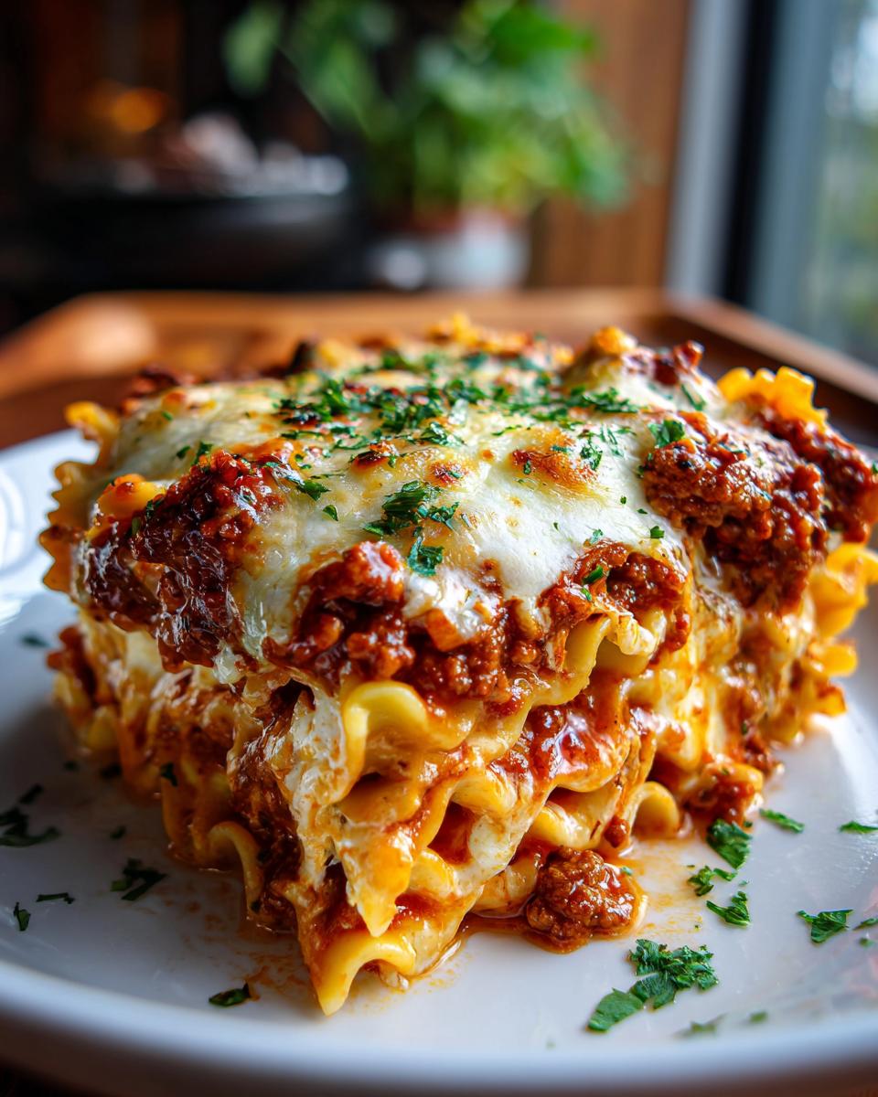 A close-up of a rich, layered serving of Bowtie Pasta Lasagna topped with melted mozzarella and fresh parsley.