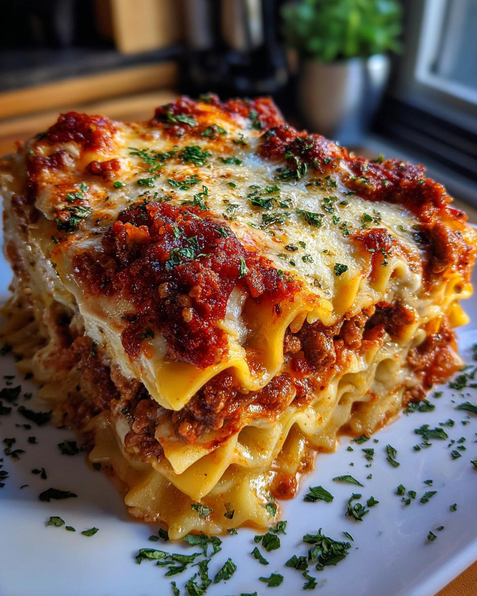 A tall, cheesy slice of Bowtie Pasta Lasagna layered with rich meat sauce and topped with melted cheese and parsley.