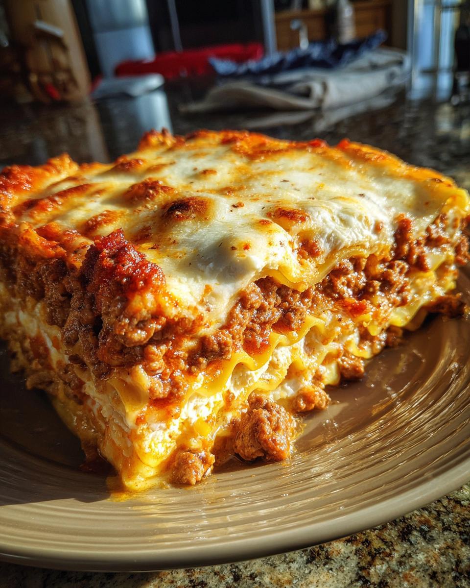 A rich, cheesy slice of Bowtie Pasta Lasagna featuring layers of meat sauce and melted mozzarella topping.