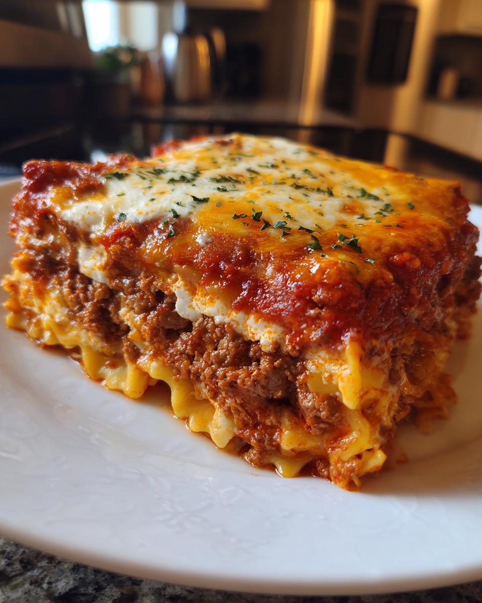 A close-up of a hearty slice of Bowtie Pasta Lasagna layered with meat sauce and melted cheese.