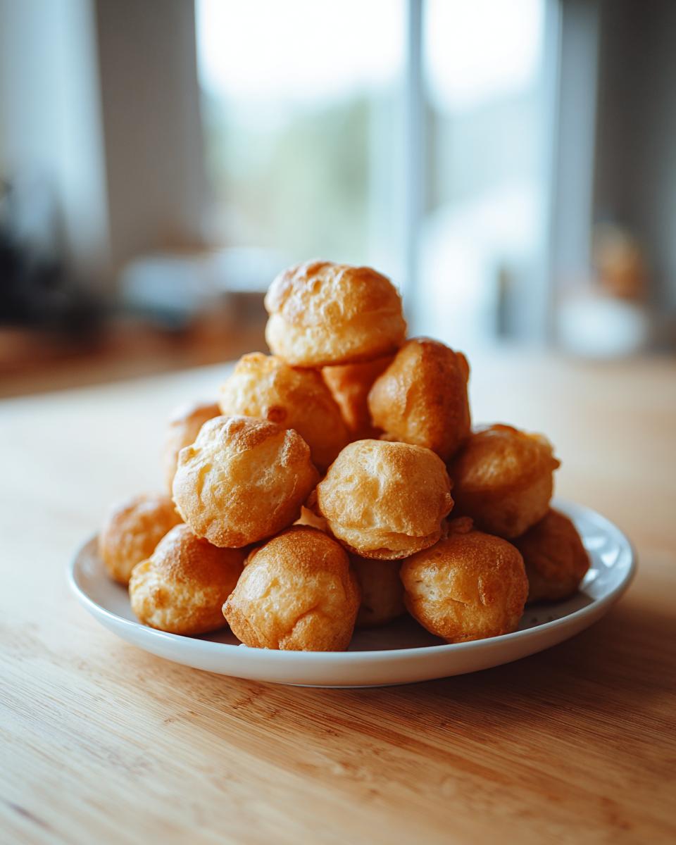A tall stack of golden brown Breakfast Pancake Poppers piled high on a small white plate.