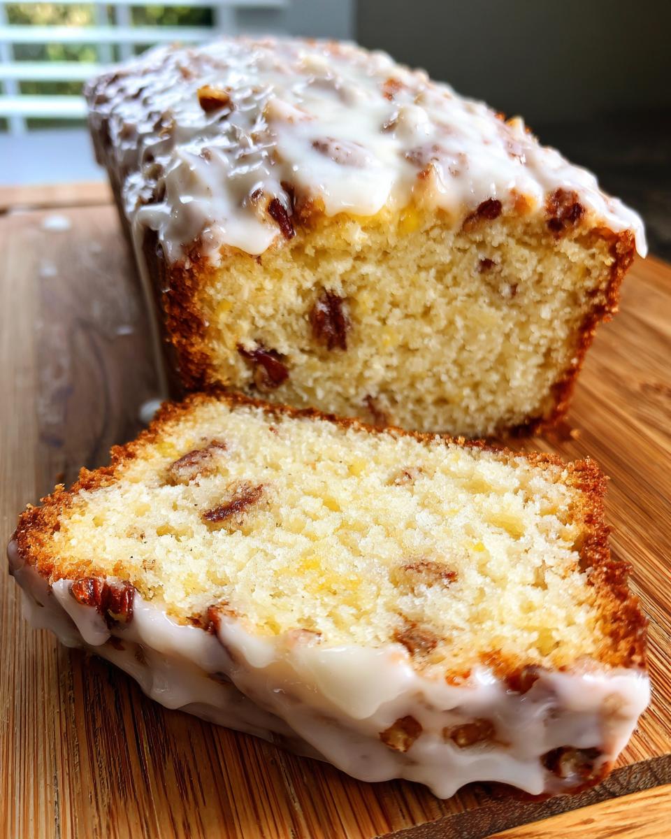 Close-up of a slice cut from a loaf of Butter Pecan Cake, topped with a thick vanilla glaze and visible pecans.