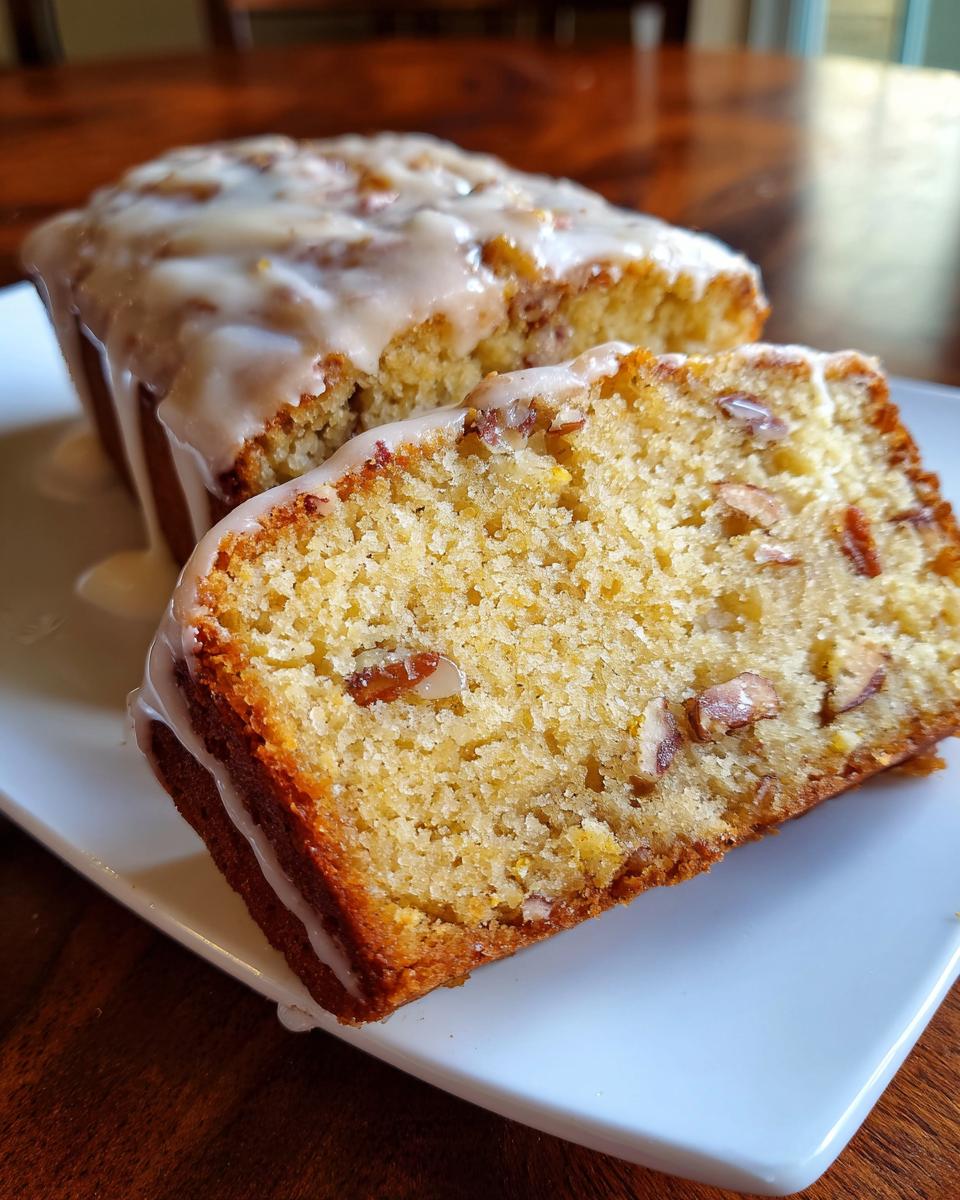 Close-up of a moist slice of Butter Pecan Cake with visible pecans and a thick vanilla glaze dripping down the sides.