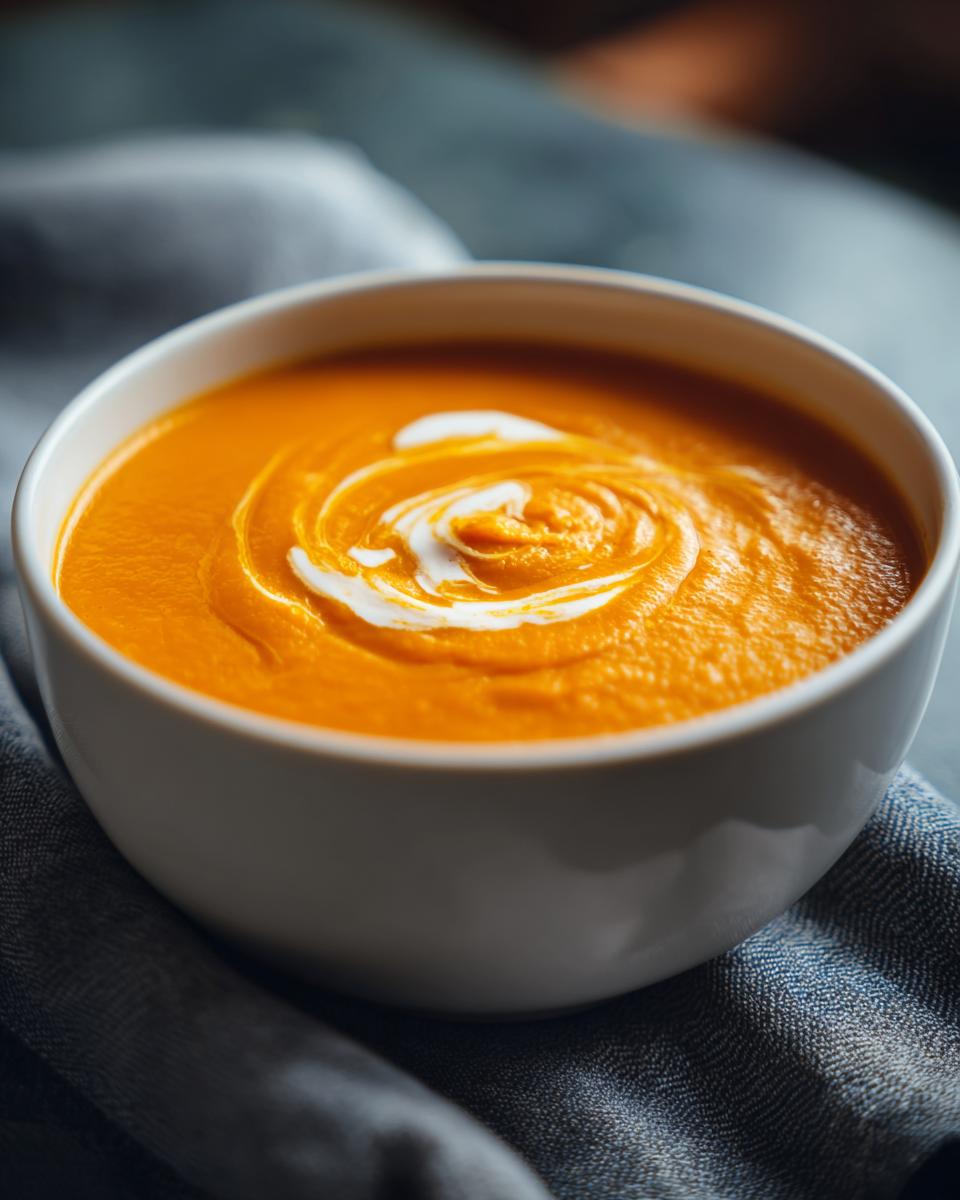 Close-up of vibrant orange Butternut Squash Soup in a white bowl, topped with a swirl of cream.
