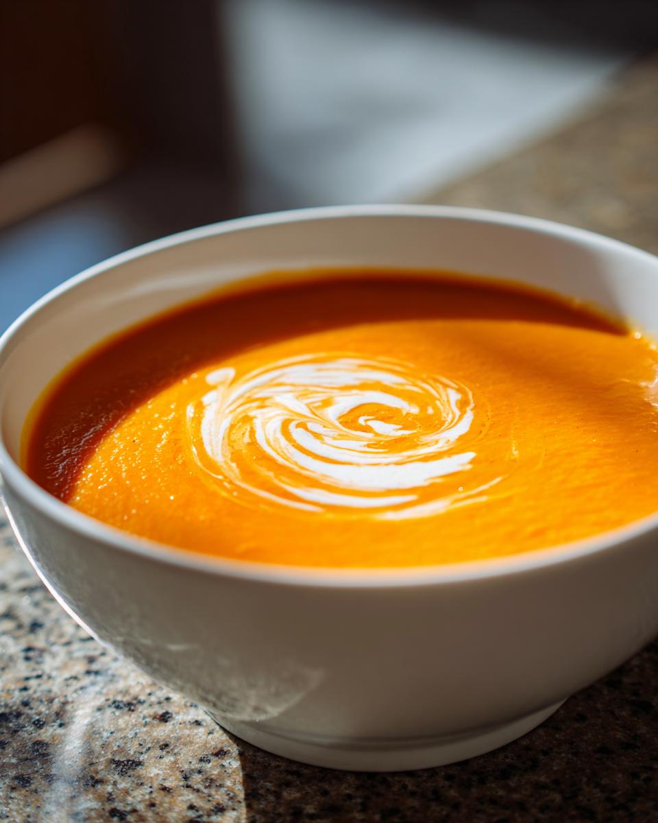 Close-up of bright orange Butternut Squash Soup in a white bowl, topped with a swirl of cream.