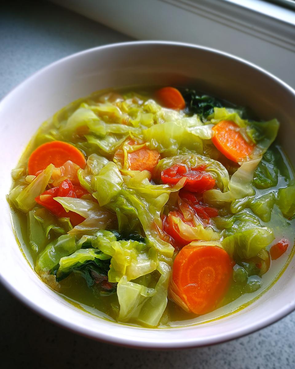 Close-up of a white bowl filled with vibrant Cabbage Soup featuring bright green cabbage and orange carrot slices.