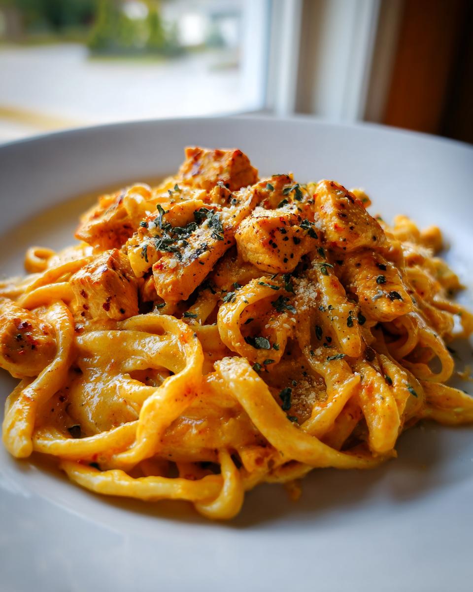 Close-up of a serving of rich, creamy Cajun Chicken Pasta topped with herbs and Parmesan cheese.