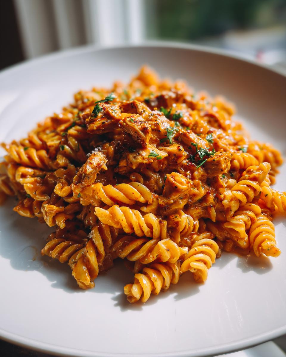 A close-up of creamy Cajun Chicken Pasta featuring rotini pasta and chunks of seasoned chicken, garnished with parsley.