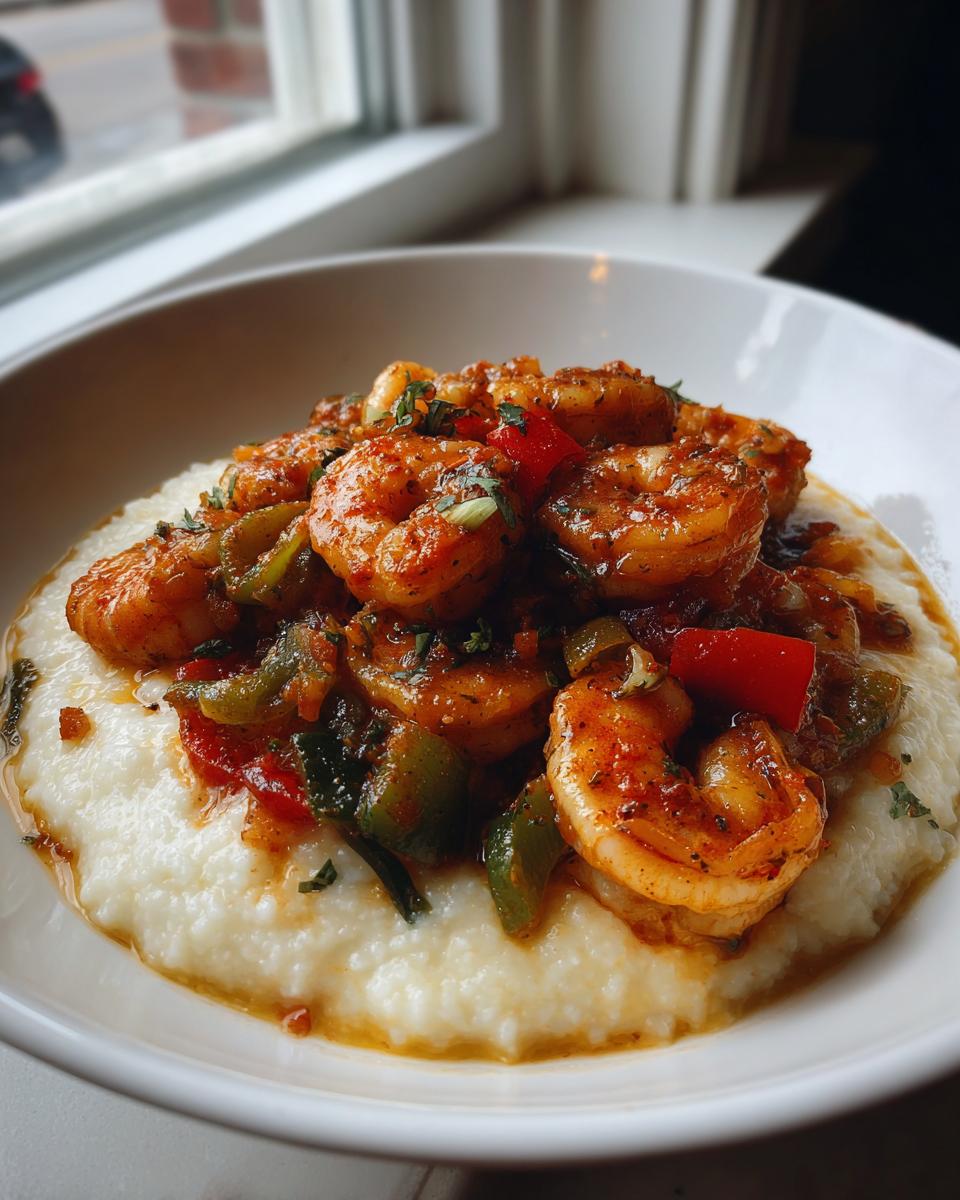 A close-up of creamy grits topped with richly seasoned Cajun Shrimp And Grits and colorful peppers.