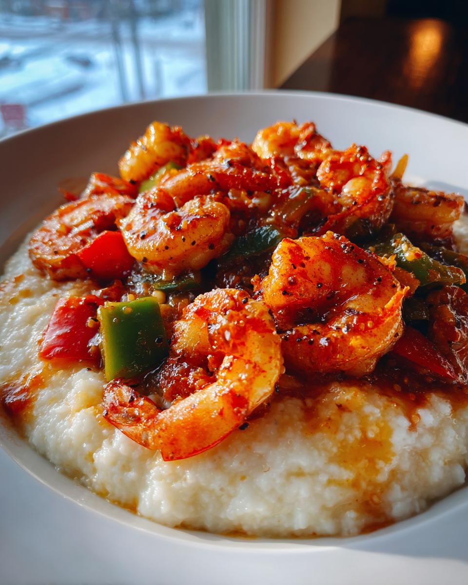 Close-up of creamy grits topped with spicy, seasoned Cajun Shrimp And Grits and colorful bell peppers.