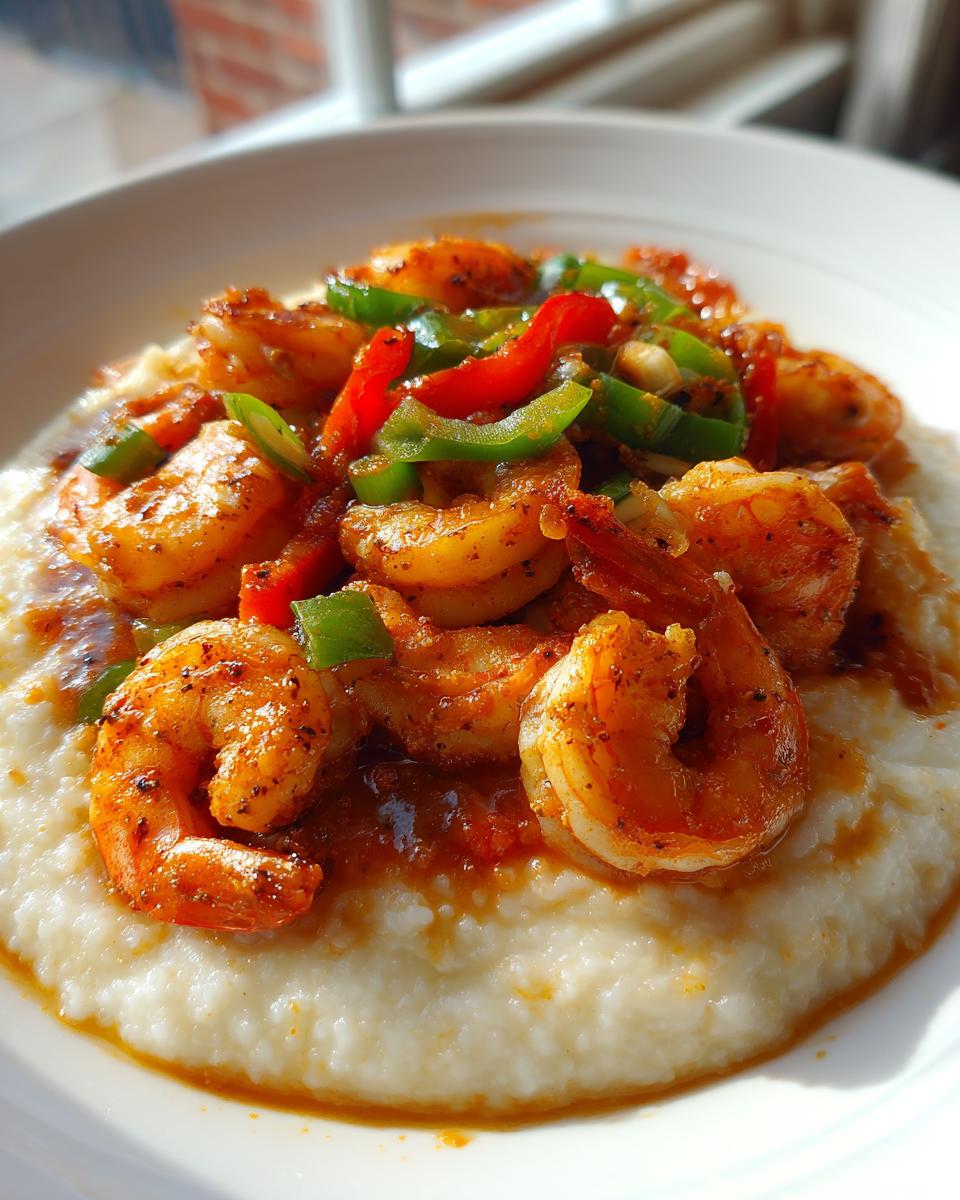 Close-up of creamy grits topped with seasoned Cajun Shrimp And Grits and sliced red and green bell peppers.
