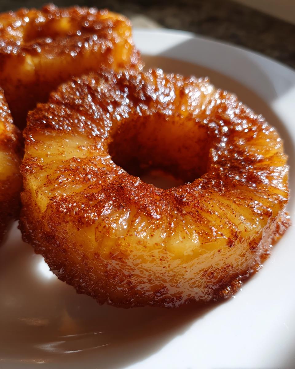 Close-up of a caramelized pineapple ring dusted with cinnamon, part of the Juicy Pineapple Heaven recipe.