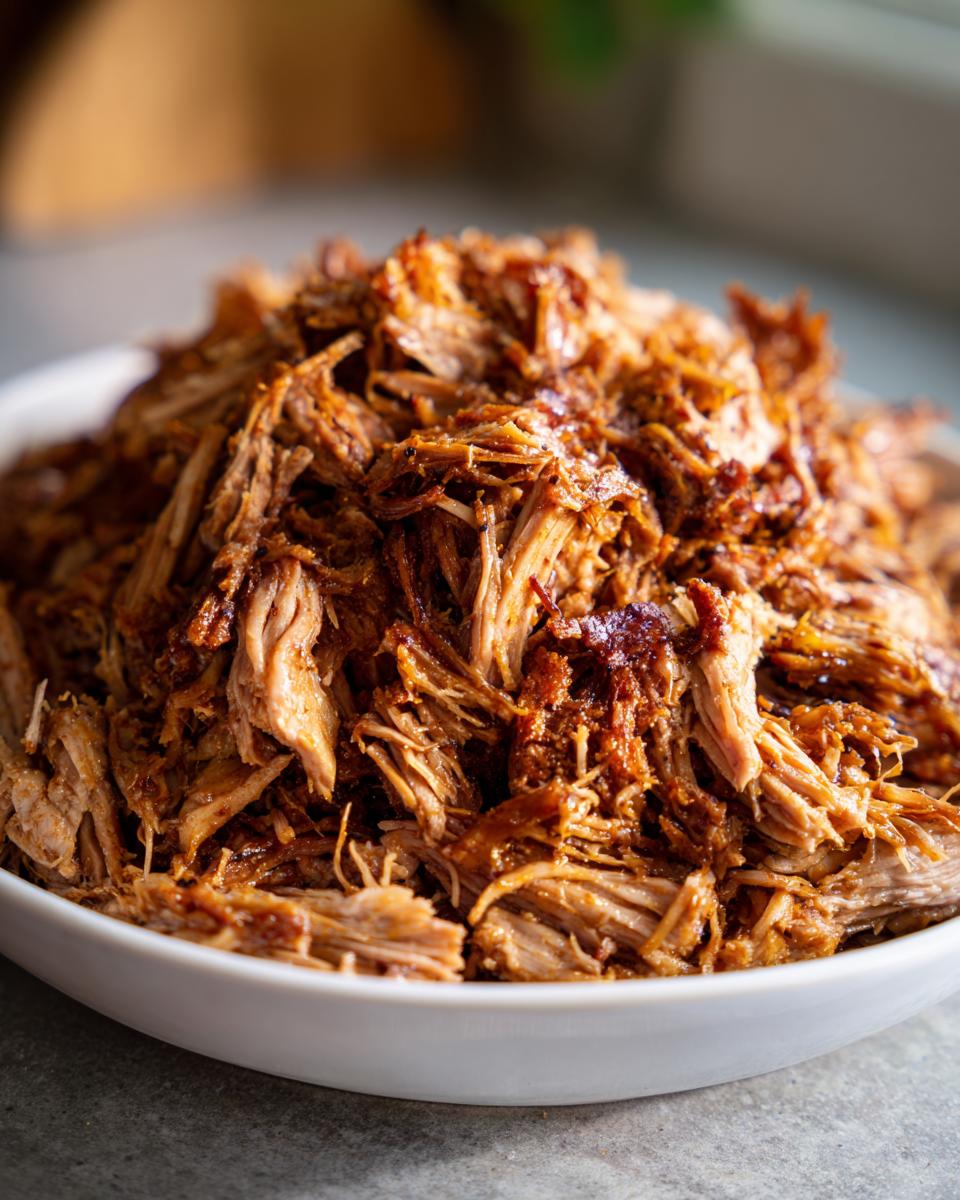 Close-up of perfectly shredded, juicy Carnitas Crockpot pork piled high in a white serving bowl.