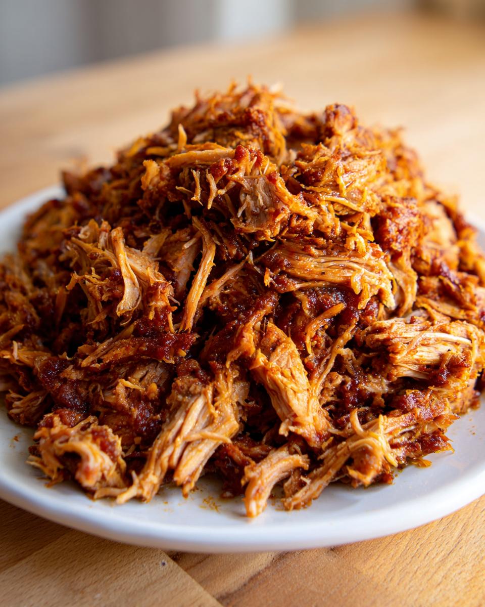 A close-up of perfectly shredded, saucy Carnitas Crockpot pork piled high on a white plate.