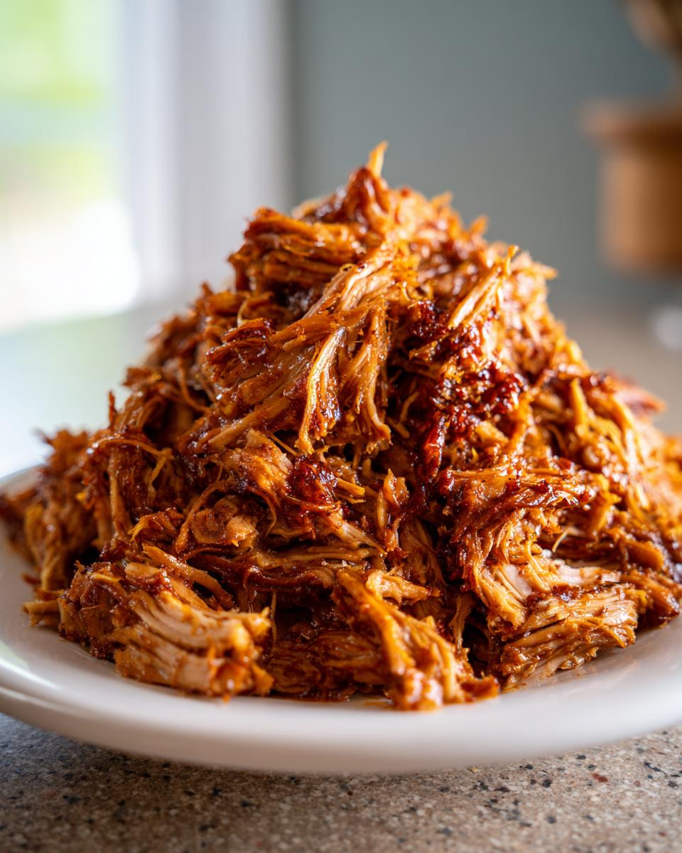 Close-up of a generous mound of moist, shredded Carnitas Crockpot pork piled high on a white plate.