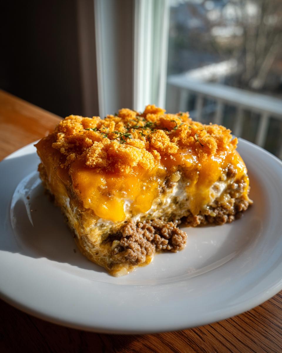 A single serving of Cattle Drive Casserole on a white plate, featuring layers of ground meat, creamy filling, melted cheddar, and a crunchy topping.