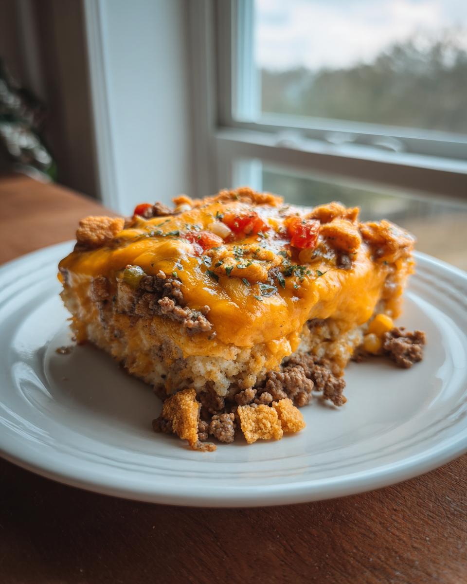 A hearty slice of Cattle Drive Casserole topped with melted cheese, ground beef, and diced tomatoes.