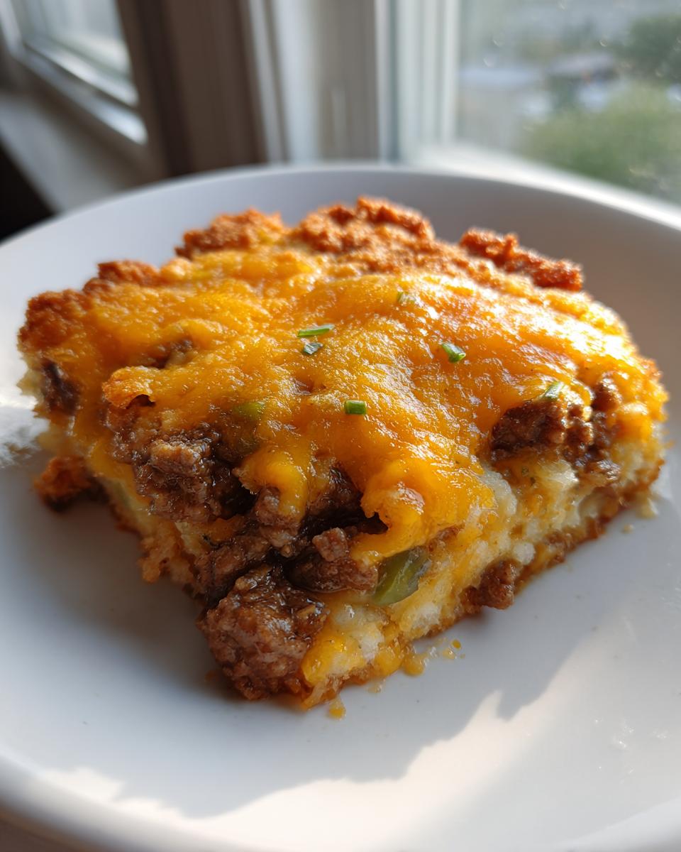 A square serving of rich Cattle Drive Casserole topped with melted cheddar cheese and chives.