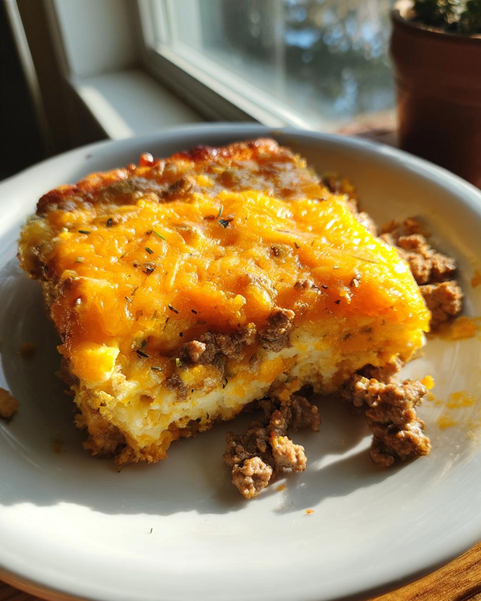 Close-up of a serving of Cattle Drive Casserole topped with melted cheddar cheese and ground beef.