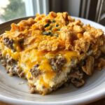 A generous slice of Cattle Drive Casserole featuring ground beef, creamy filling, melted cheddar cheese, and a crunchy cornflake topping.