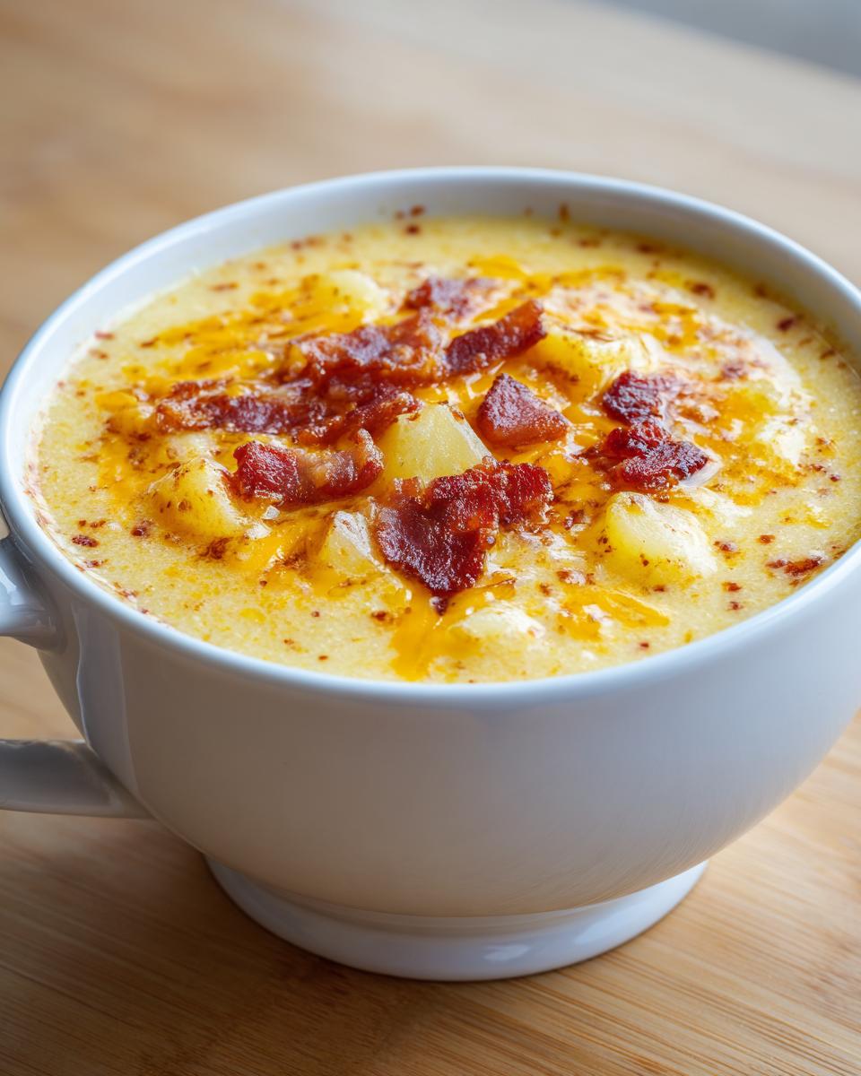 Close-up of a bowl of creamy Cheeseburger Soup topped with melted cheese and crispy bacon pieces.