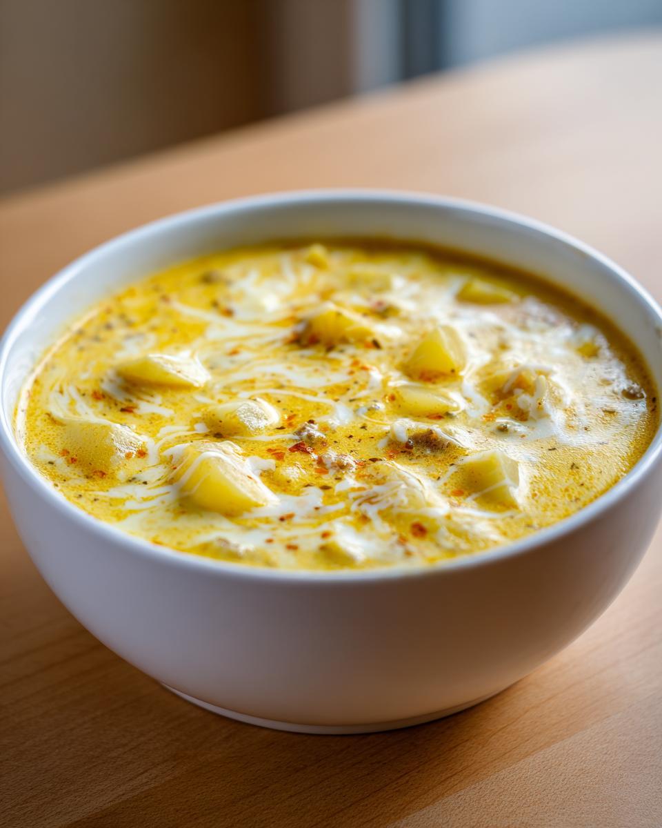 Close-up of a white bowl filled with rich, yellow Cheeseburger Soup featuring chunks of potato and swirls of cream.