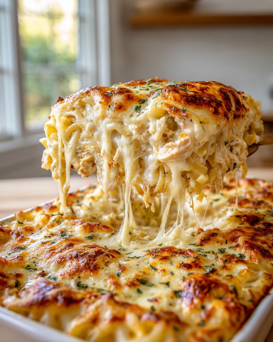 A serving spoon lifts a portion of cheesy Chicken Alfredo Bake, showing extreme cheese pull over the rest of the dish.