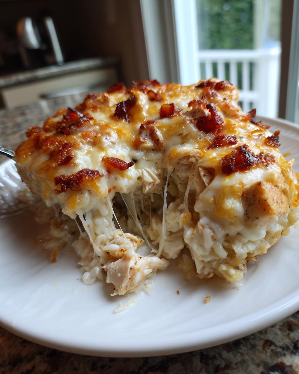 A serving of cheesy Chicken Bacon Ranch Casserole showing a dramatic cheese pull between chunks of chicken and rice.
