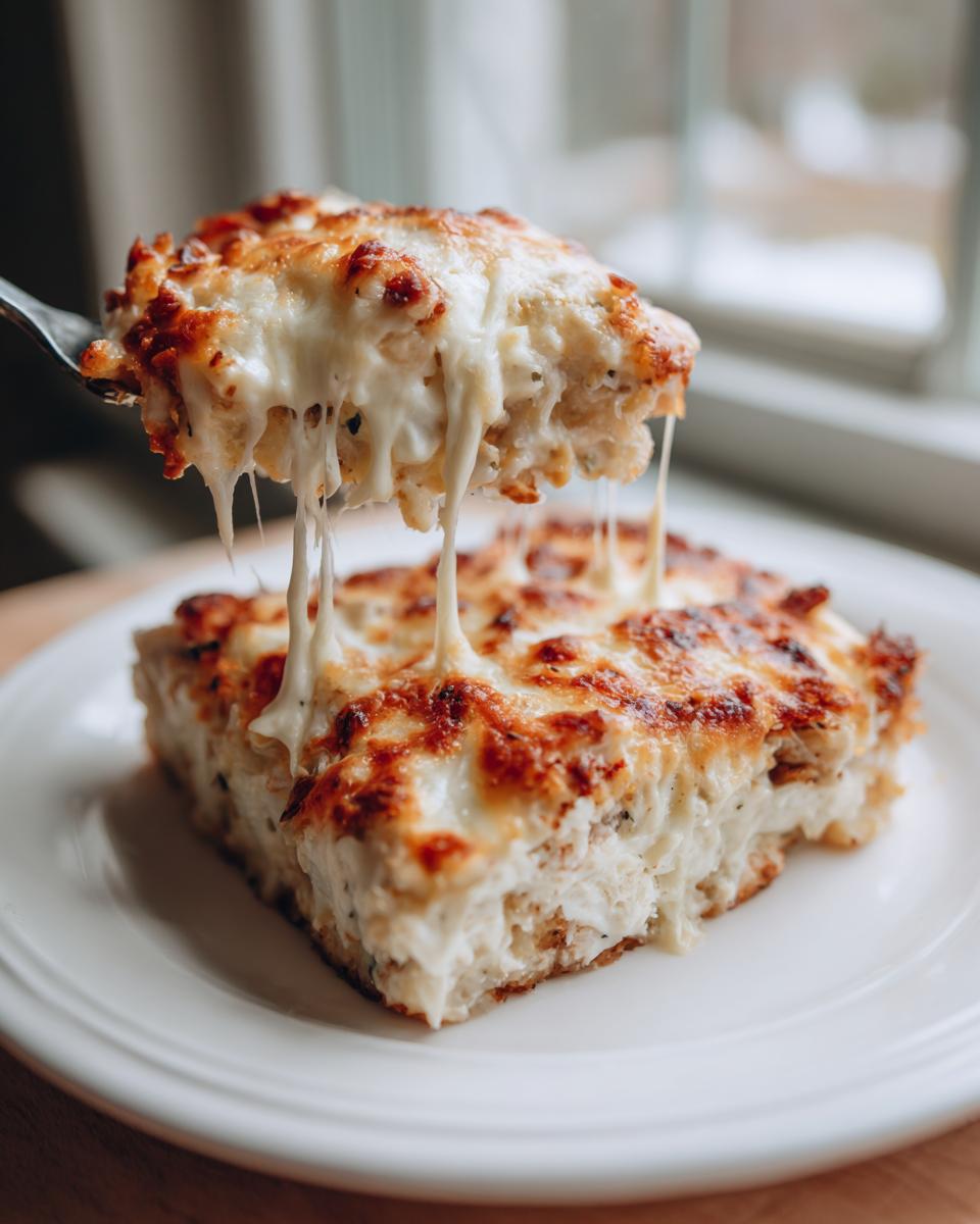 A serving of cheesy Chicken Bacon Ranch Casserole being lifted, showing dramatic cheese pulls over the main dish.