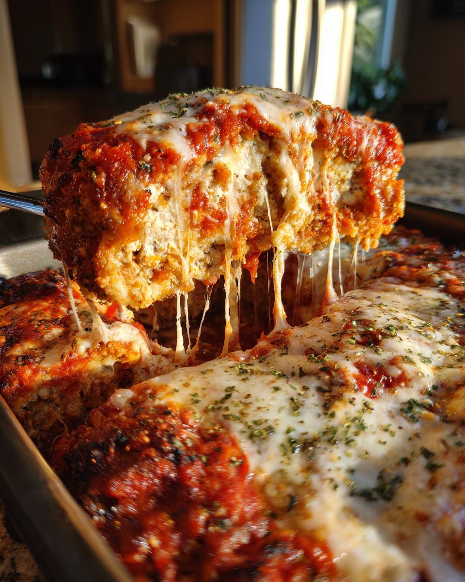 A serving utensil lifts a cheesy portion of Chicken Parmesan Bake, showing dramatic cheese pulls.
