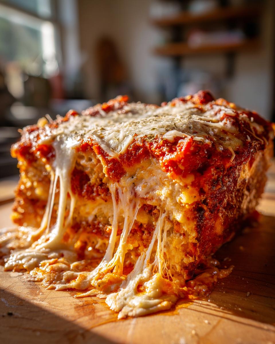 A thick, cheesy slice of Chicken Parmesan Bake with long, stretchy cheese pulls, topped with marinara sauce and herbs.