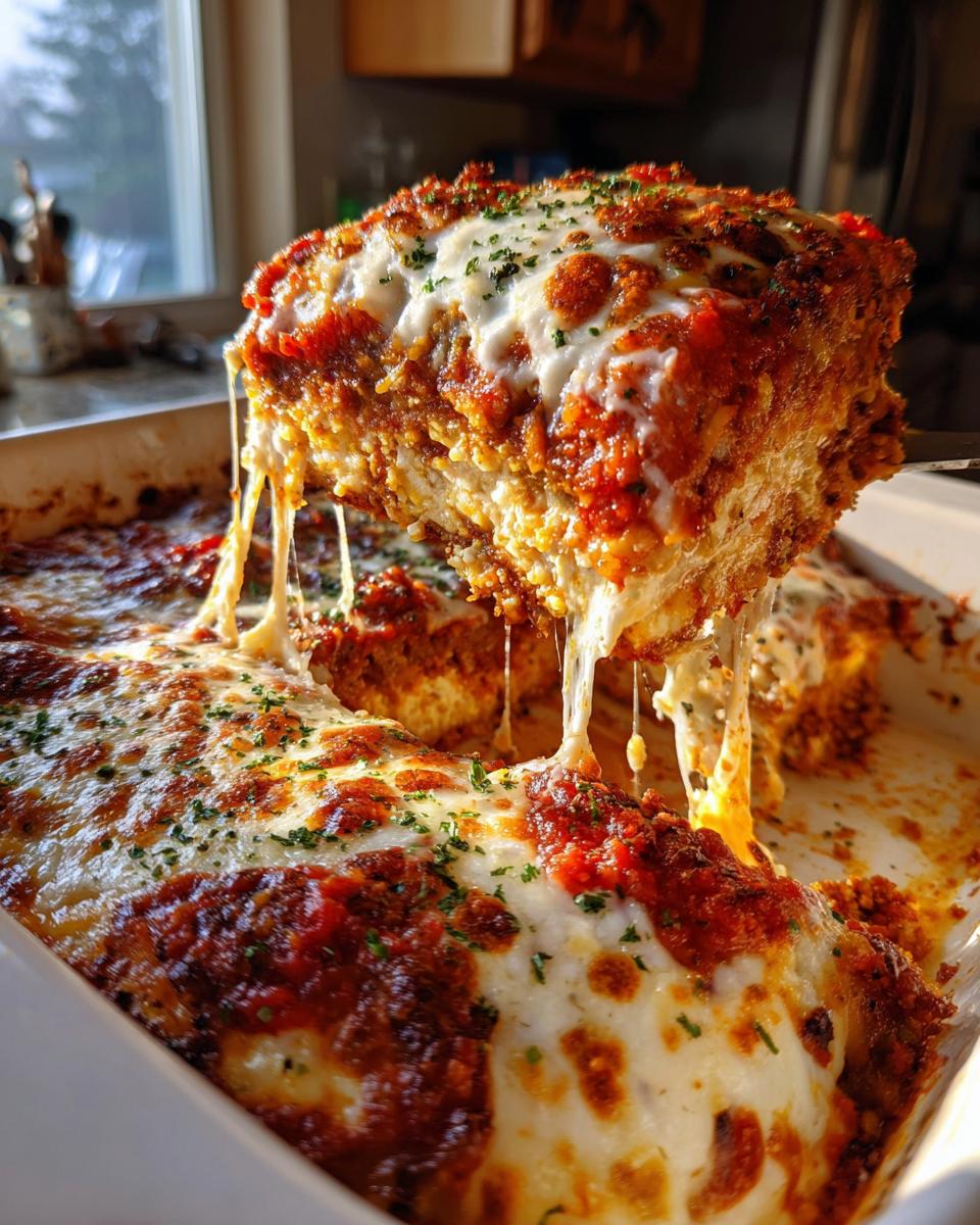 A cheesy, saucy slice of Chicken Parmesan Bake is lifted from the baking dish, showing dramatic cheese pulls.