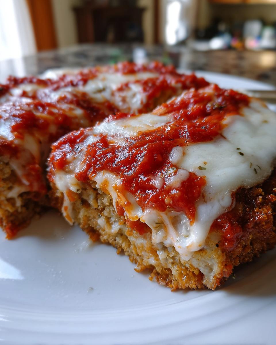 A close-up view of a slice of golden-brown Chicken Parmesan topped with melted mozzarella cheese and rich marinara sauce.