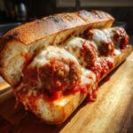 A close-up, appetizing shot of a toasted sub roll filled with meatballs, rich marinara sauce, and melted mozzarella cheese, ready to eat as a Meatball Sub.
