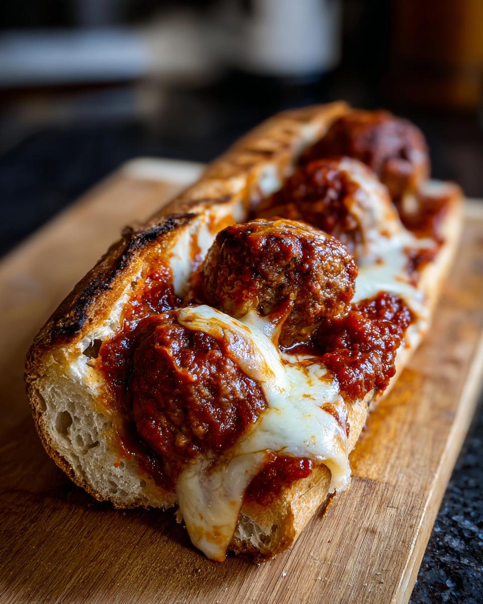 A close-up shot of a toasted sub roll filled with meatballs, rich marinara sauce, and melted mozzarella cheese for amazing Meatball Subs With Marinara.