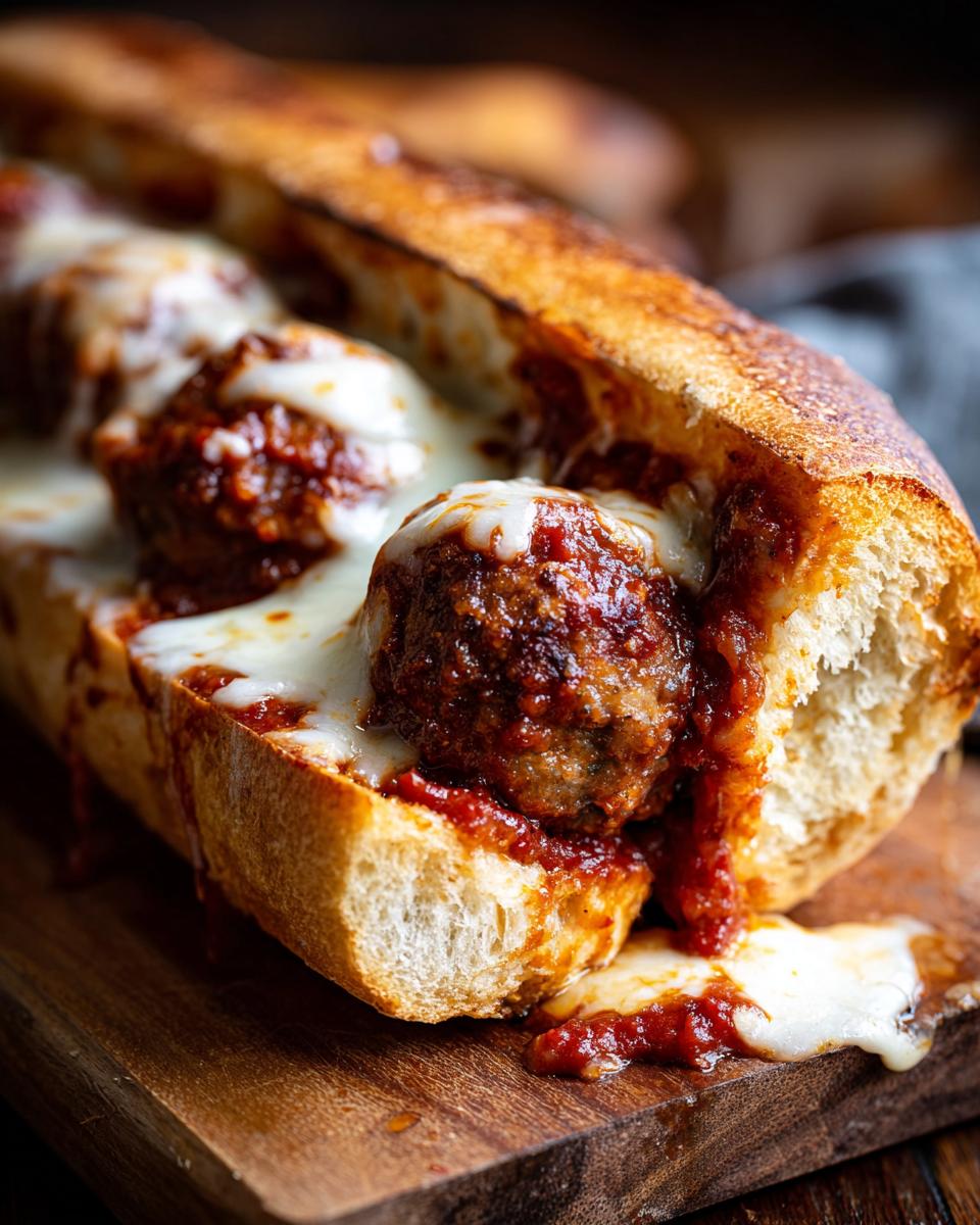 A close-up of a toasted sub roll filled with meatballs, marinara sauce, and melted provolone cheese for amazing Meatball Subs With Marinara.