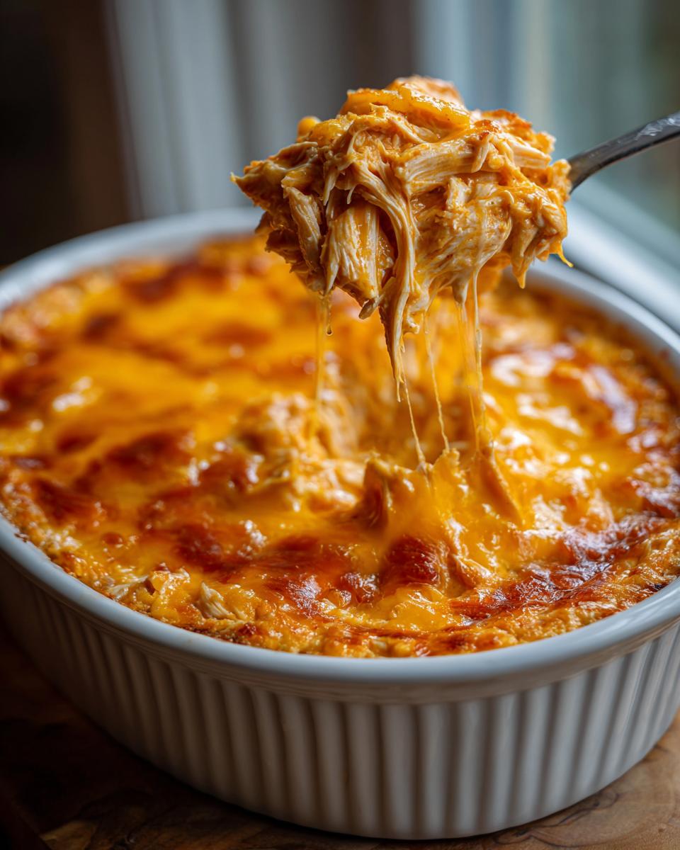 A spoonful of hot, cheesy Buffalo Chicken Dip being lifted, showing long, melted cheese strings.