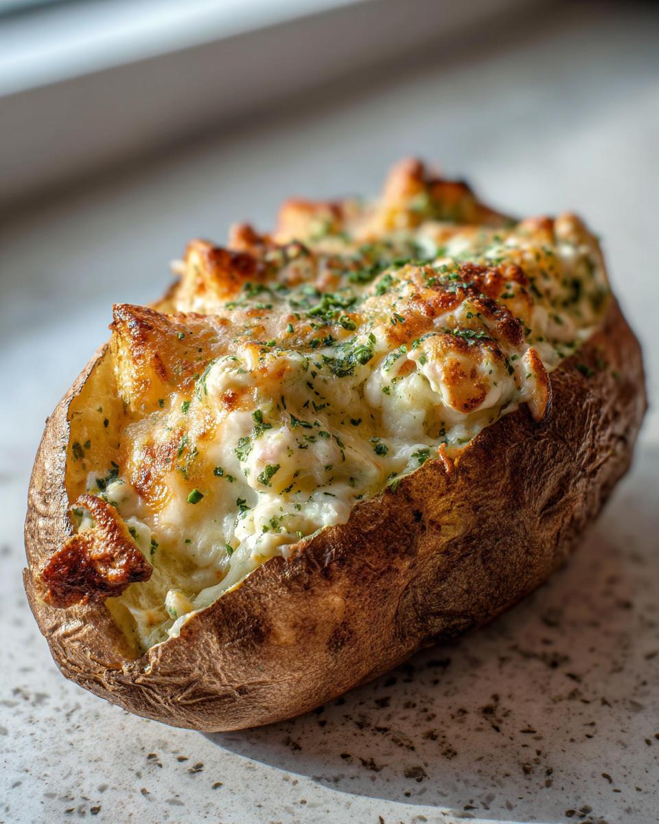 A close-up of a baked potato stuffed with creamy, cheesy ranch filling and topped with melted cheese and herbs, showcasing the Cheesy Ranch Potatoes.