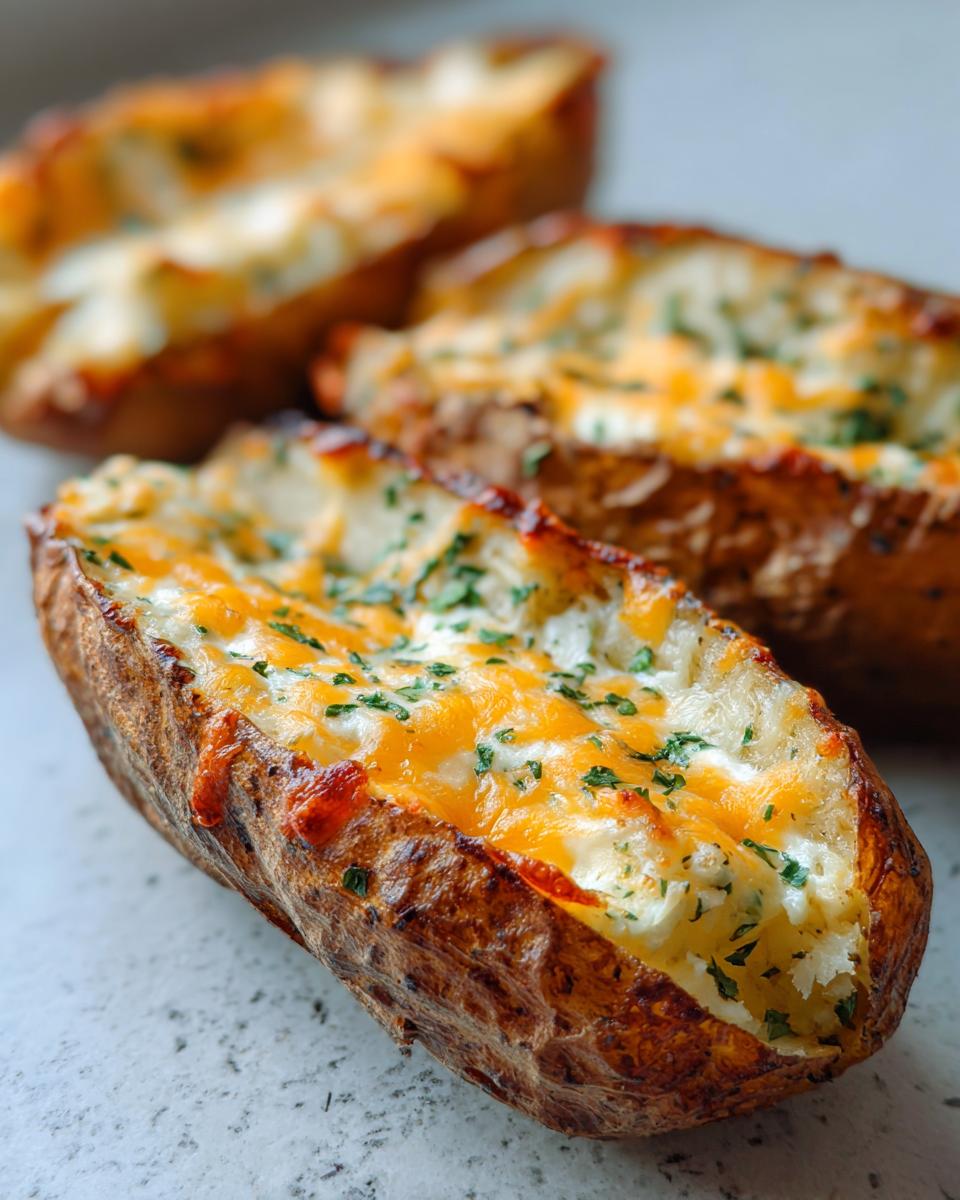 Close-up of a twice-baked potato stuffed with a creamy filling, topped with melted cheddar and fresh parsley, highlighting the Cheesy Ranch Potatoes.