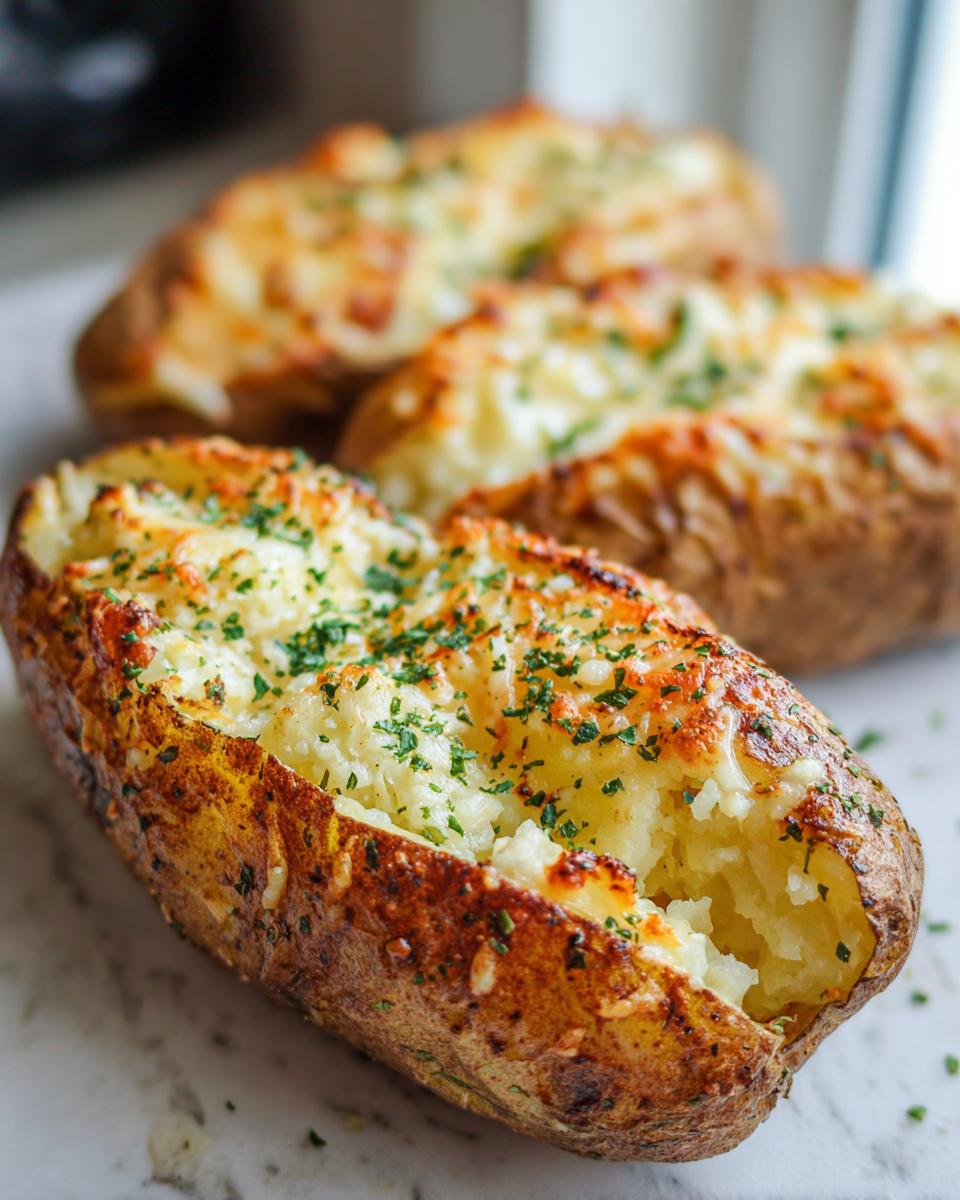 Close-up of a twice-baked potato stuffed with mashed filling, topped with melted cheese and parsley, highlighting the Cheesy Ranch Potatoes.