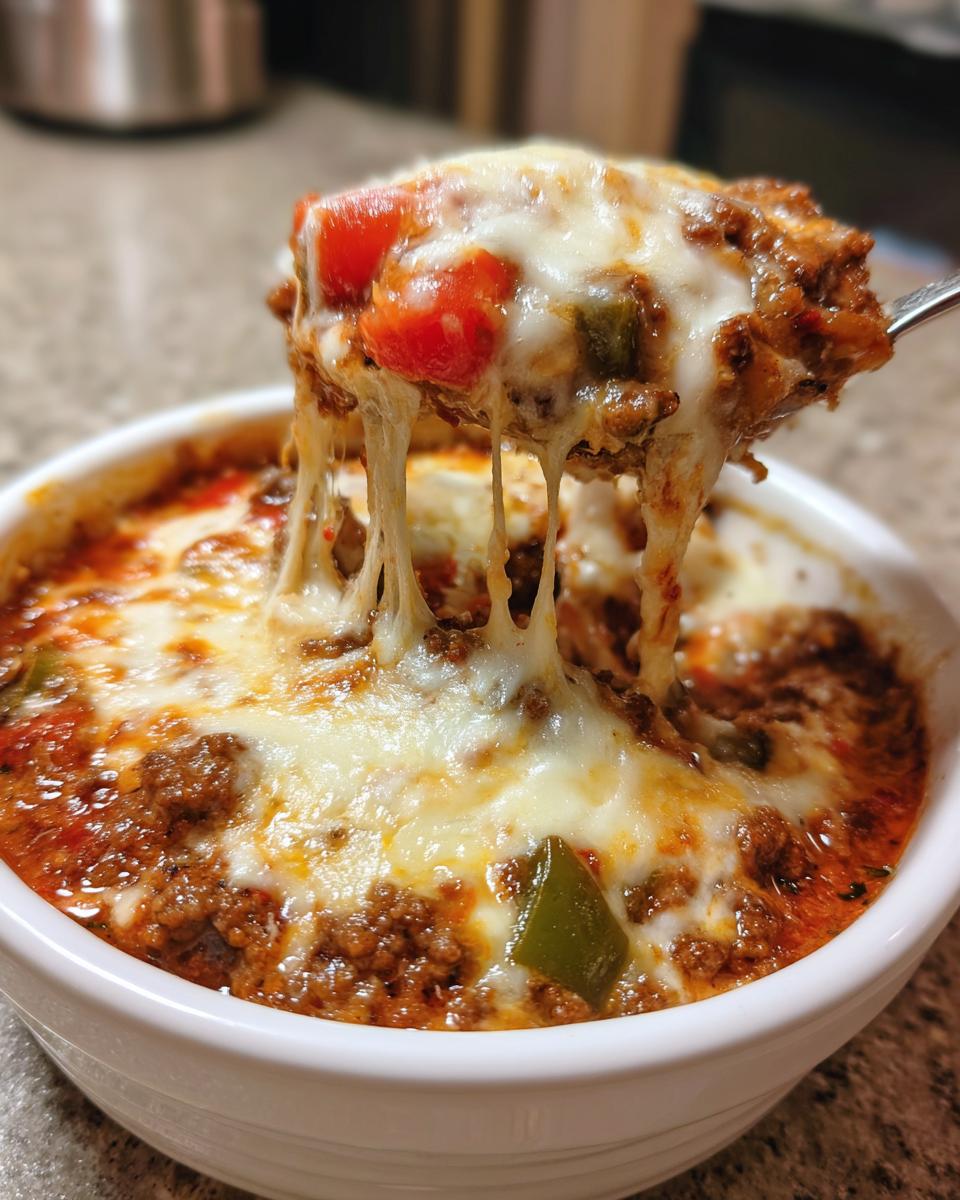 A spoonful of hot, cheesy Rotel Dip With Ground Beef showing long cheese pulls from the white serving bowl.