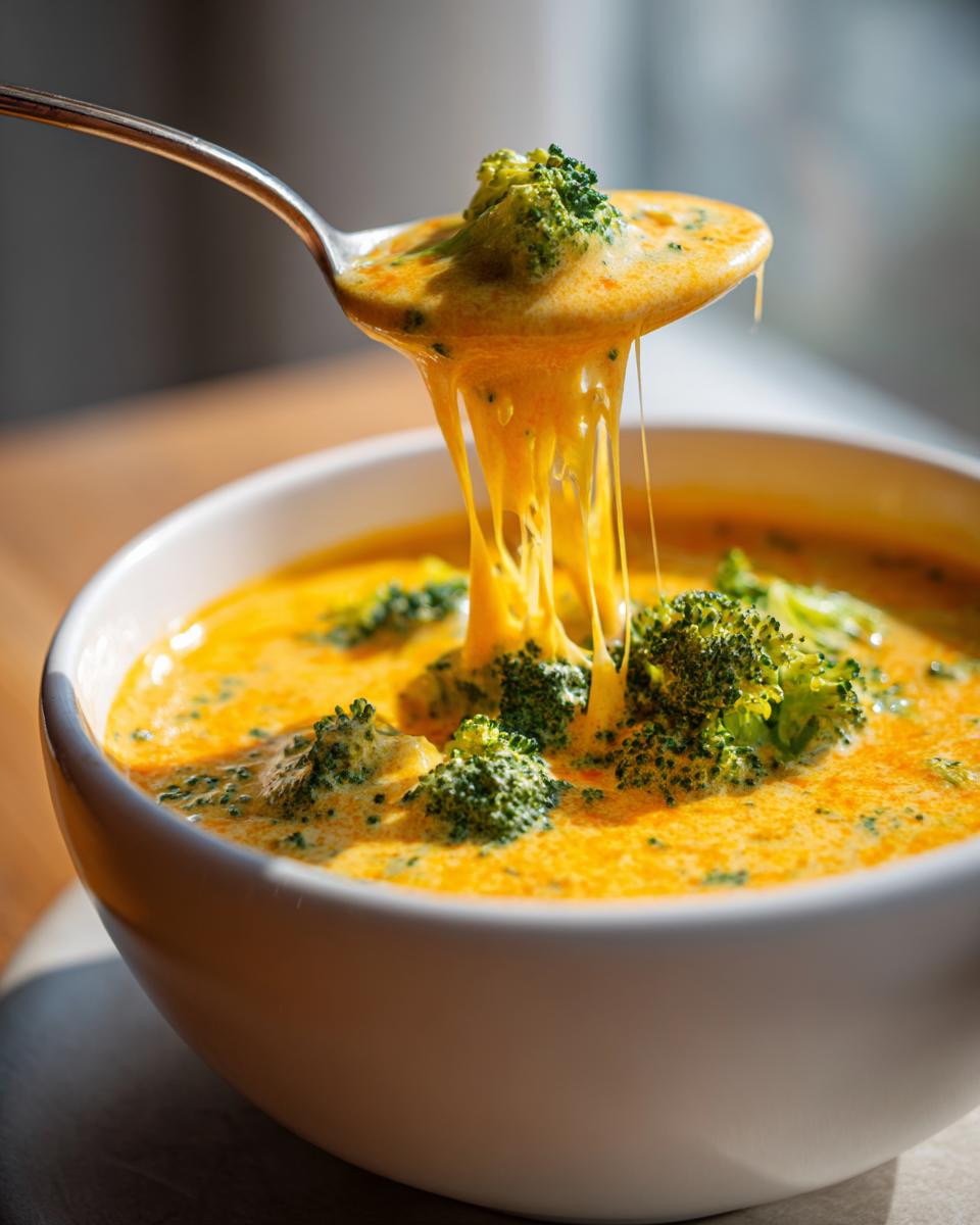 A spoonful of rich, orange Broccoli Cheese Soup showing extreme cheese pull with broccoli florets.