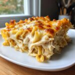 A generous slice of creamy Chicken Alfredo Bake with shredded chicken and a golden, bubbly cheese topping.