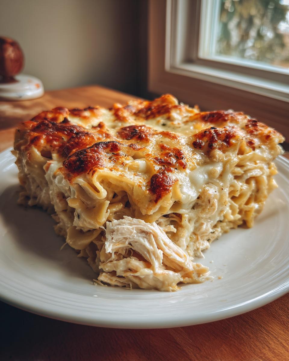 A generous slice of baked pasta with shredded chicken and a bubbly, browned cheese topping, ready to eat Chicken Alfredo Bake.