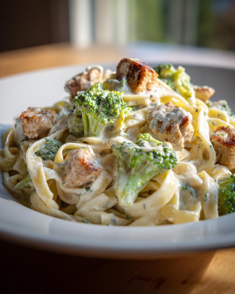 Close-up of fettuccine pasta coated in creamy sauce with chunks of seared chicken and bright green broccoli florets in Chicken And Broccoli Alfredo.