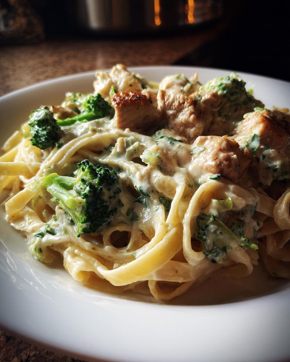 Close-up of fettuccine pasta coated in creamy sauce with chunks of chicken and bright green broccoli florets, classic Chicken And Broccoli Alfredo.