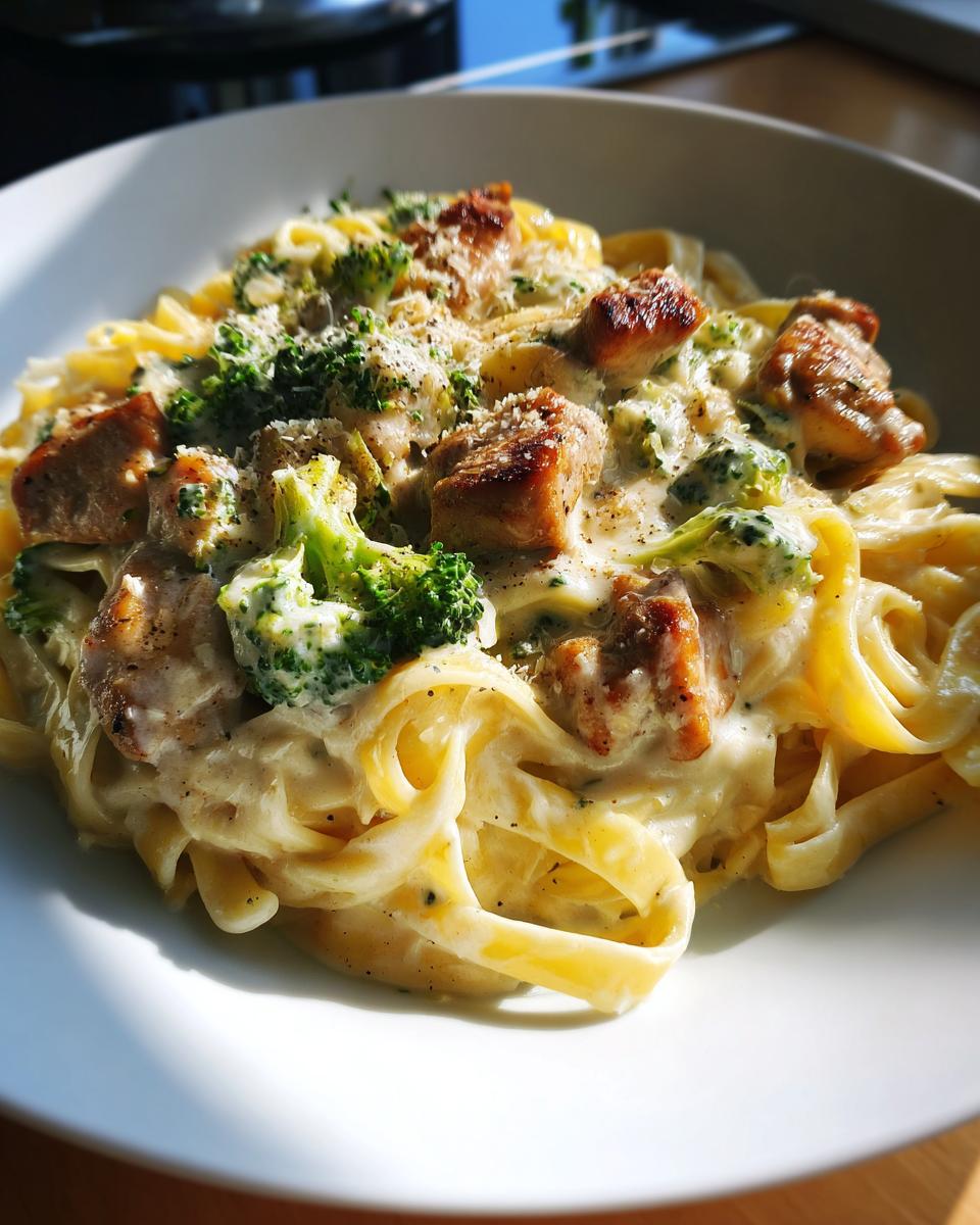 Close-up of creamy Chicken And Broccoli Alfredo pasta with seared chicken pieces and bright green broccoli florets.