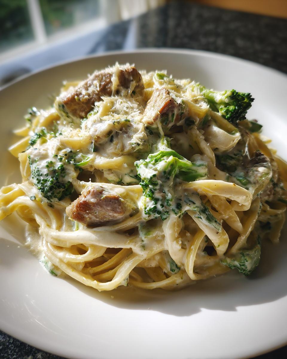 A close-up of creamy Chicken And Broccoli Alfredo pasta topped with grated Parmesan cheese and chunks of chicken.